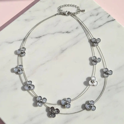 Layered Flower Silver Statement Necklace – Modern Abstract Floral Fashion Jewellery