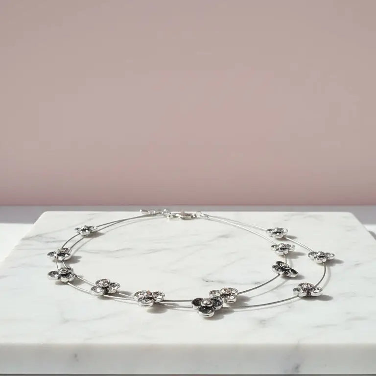 Layered Flower Silver Statement Necklace – Modern Abstract Floral Fashion Jewellery