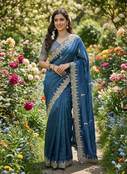 Ready to Wear Designer Silk Embroidered Saree with Sequin Work and Heavy Tassel Blouse
