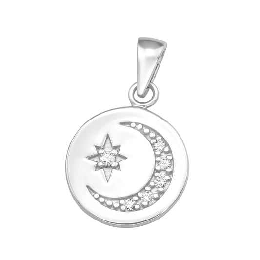 925 Sterling Silver CZ Moon & Star Pendant – 12×12mm