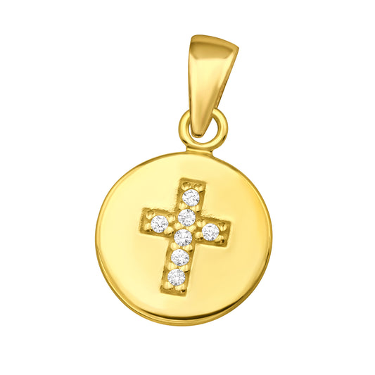 Gold‑Plated 925 Sterling Silver CZ Cross Pendant – 9.7×12.6mm