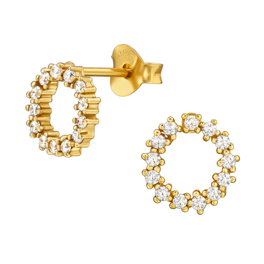 Gold‑Plated 925 Sterling Silver Floral Wreath CZ Stud Earrings