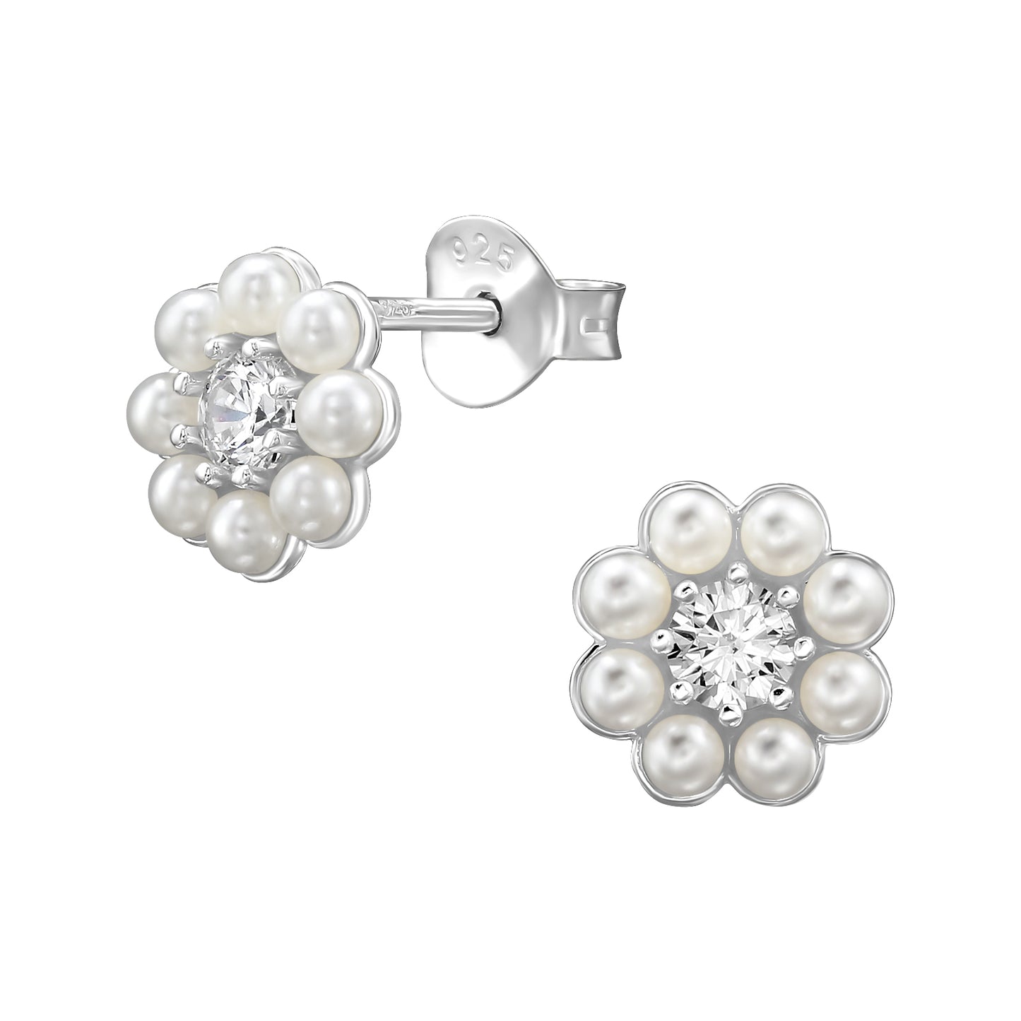 925 Sterling Silver Flower CZ & Pearl Stud Earrings