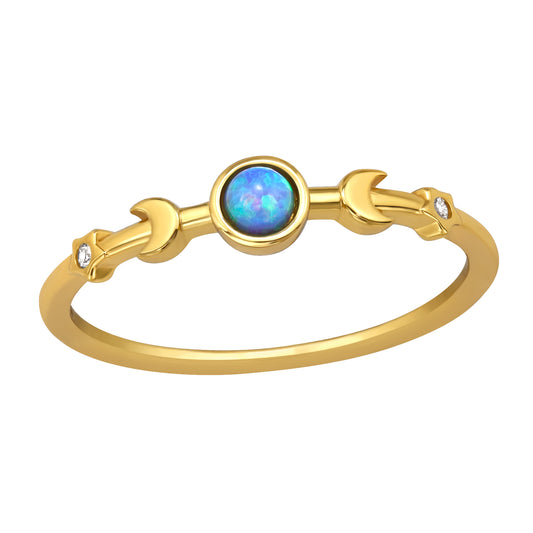 Triple Moon & Stars Opal Ring – Gold‑Plated 925 Sterling Silver