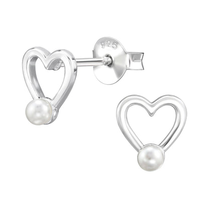 925 Sterling Silver Heart Pearl Stud Earrings