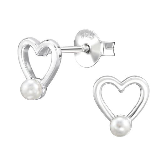 925 Sterling Silver Heart Pearl Stud Earrings