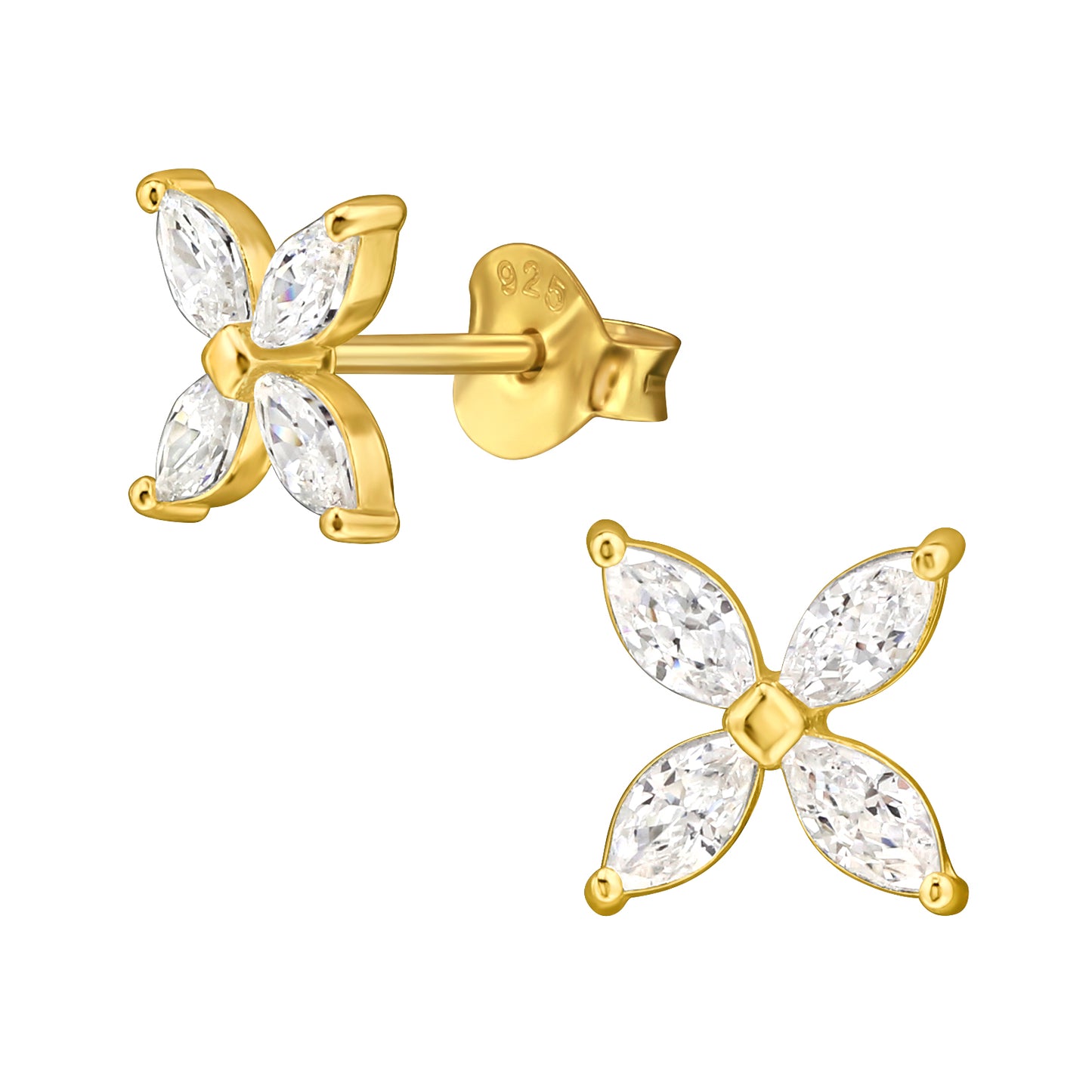 925 Sterling Silver Gold‑Plated  Marquise Flower CZ Stud Earrings
