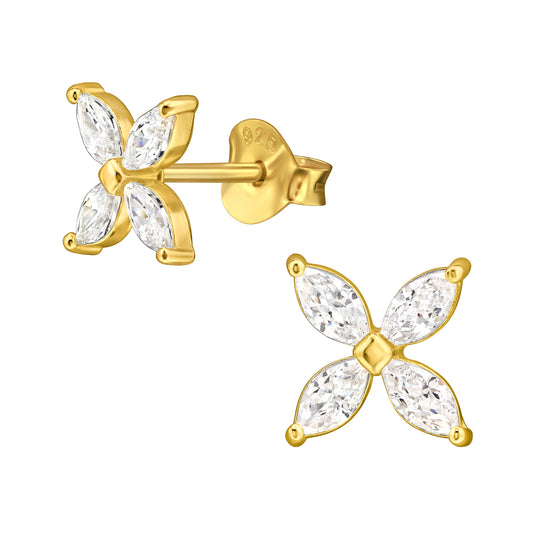 925 Sterling Silver Gold‑Plated  Marquise Flower CZ Stud Earrings