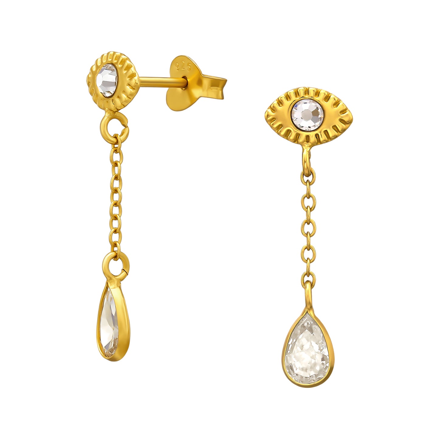 925 Sterling Silver  Gold‑Plated  Evil Eye Teardrop Chain Stud Earrings