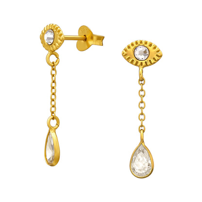 925 Sterling Silver  Gold‑Plated  Evil Eye Teardrop Chain Stud Earrings