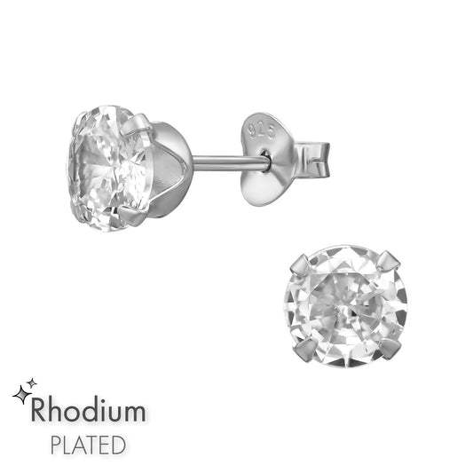 925 Sterling Silver Classic Round CZ Stud Earrings – Rhodium‑Plated
