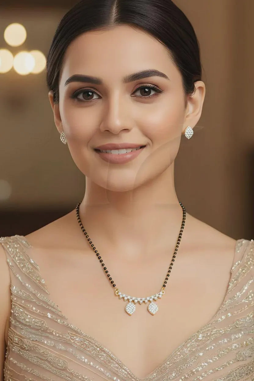 Two Tone American Diamond Mangalsutra Pendant Set – Brass Jewellery – AD Pendant & Earrings