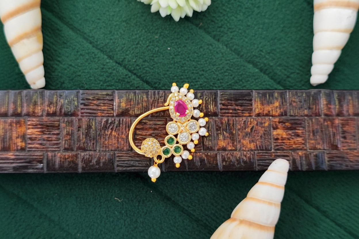Clip on Ethnic Floral Motif Antique Nath Pearl Hanging