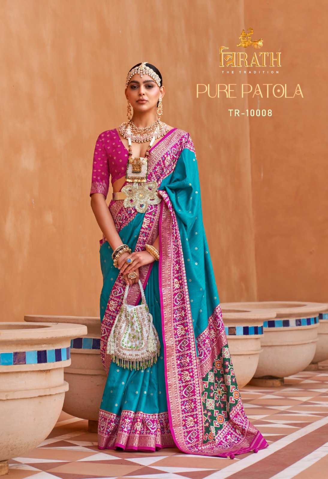 Sky Blue Pure Patola Mercerized Silk Saree for Weddings & Festivals with Matching Blouse