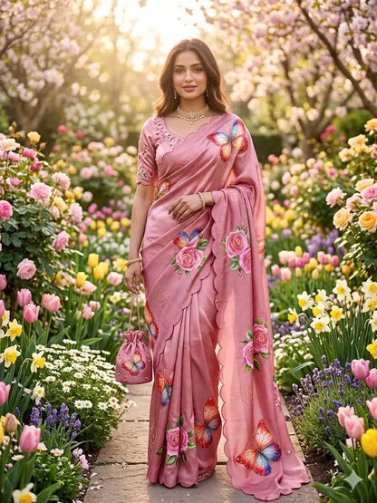 Pure Malai Silk Saree, Digital Butterfly Floral Print, Zari Foil, Handwork Blouse