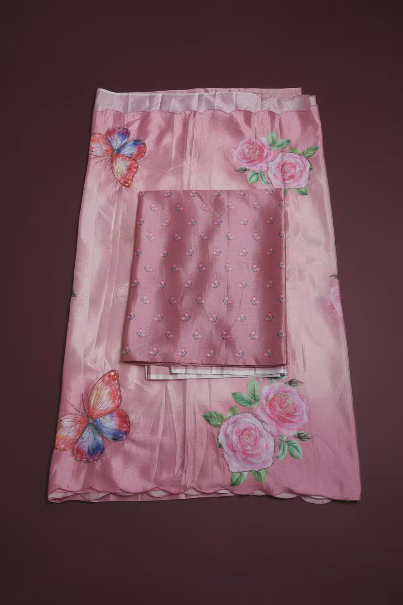 Pure Malai Silk Saree, Digital Butterfly Floral Print, Zari Foil, Handwork Blouse