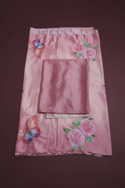 Pure Malai Silk Saree, Digital Butterfly Floral Print, Zari Foil, Handwork Blouse
