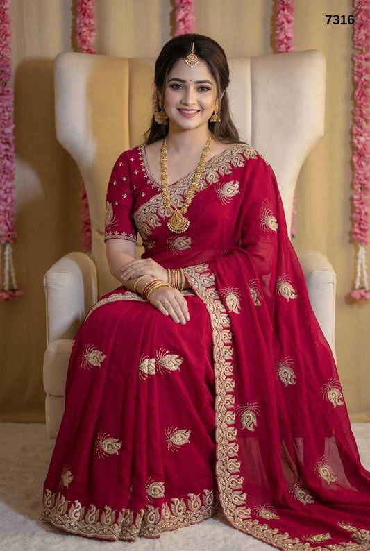 Red & Designer Candy Crush Saree with Multicolour Thread, Zari & Stone Embroidery