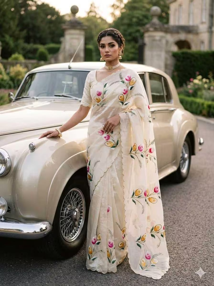 Rose Gold Silk Saree, Flower Handprint, Cutdana Work, Cutwork Border, Festive Wear