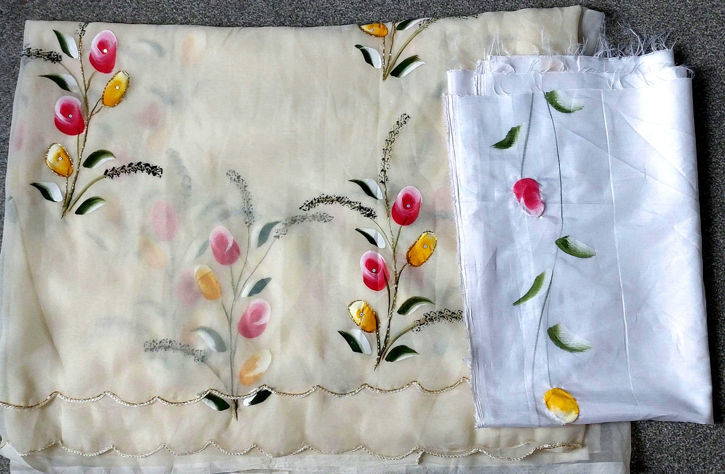 Rose Gold Silk Saree, Flower Handprint, Cutdana Work, Cutwork Border, Festive Wear