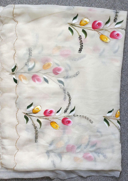 Rose Gold Silk Saree, Flower Handprint, Cutdana Work, Cutwork Border, Festive Wear