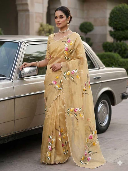 Rose Gold Silk Saree, Flower Handprint, Cutdana Work, Cutwork Border, Festive Wear