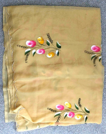 Rose Gold Silk Saree, Flower Handprint, Cutdana Work, Cutwork Border, Festive Wear
