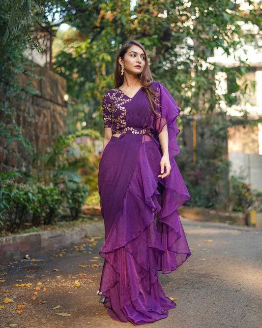 Wine Designer Apple Organza Lehenga Saree with Embroidery Belt, Sequence Banglori Blouse & Ruffle Dupatta