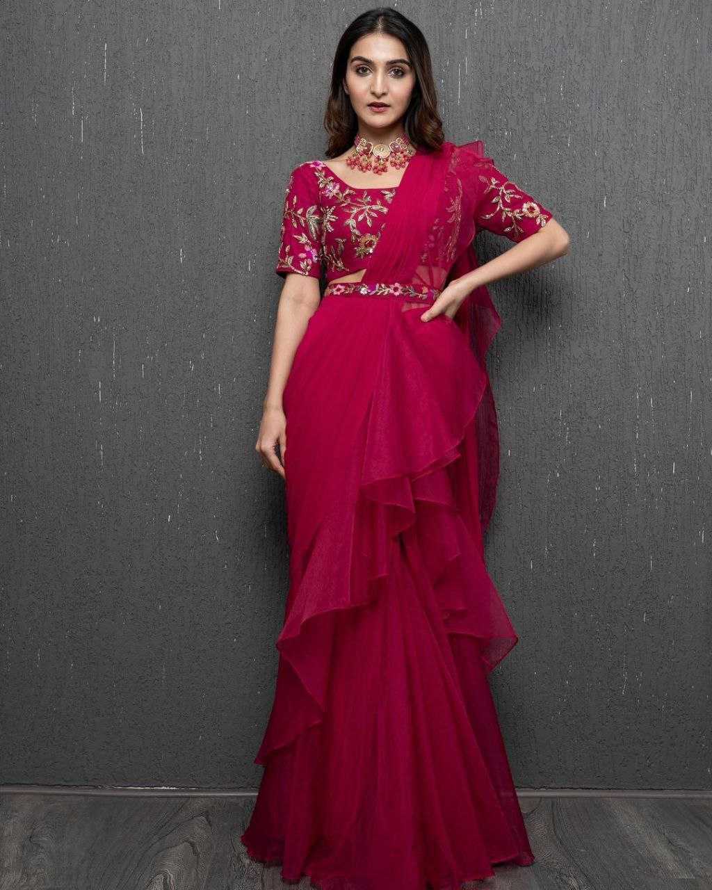 Maroon Designer Apple Organza Lehenga Saree with Embroidery Belt, Sequence Banglori Blouse & Ruffle Dupatta