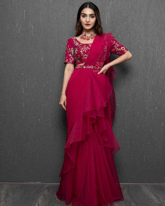 Maroon Designer Apple Organza Lehenga Saree with Embroidery Belt, Sequence Banglori Blouse & Ruffle Dupatta