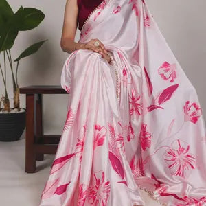 Satin Silk Floral Print Saree | Pearl Lace Border, Party Wear, Banglory Blouse