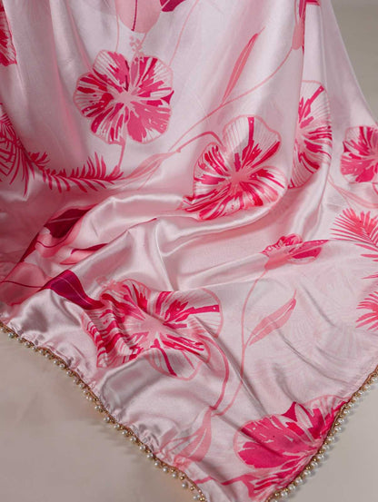 Satin Silk Floral Print Saree | Pearl Lace Border, Party Wear, Banglory Blouse