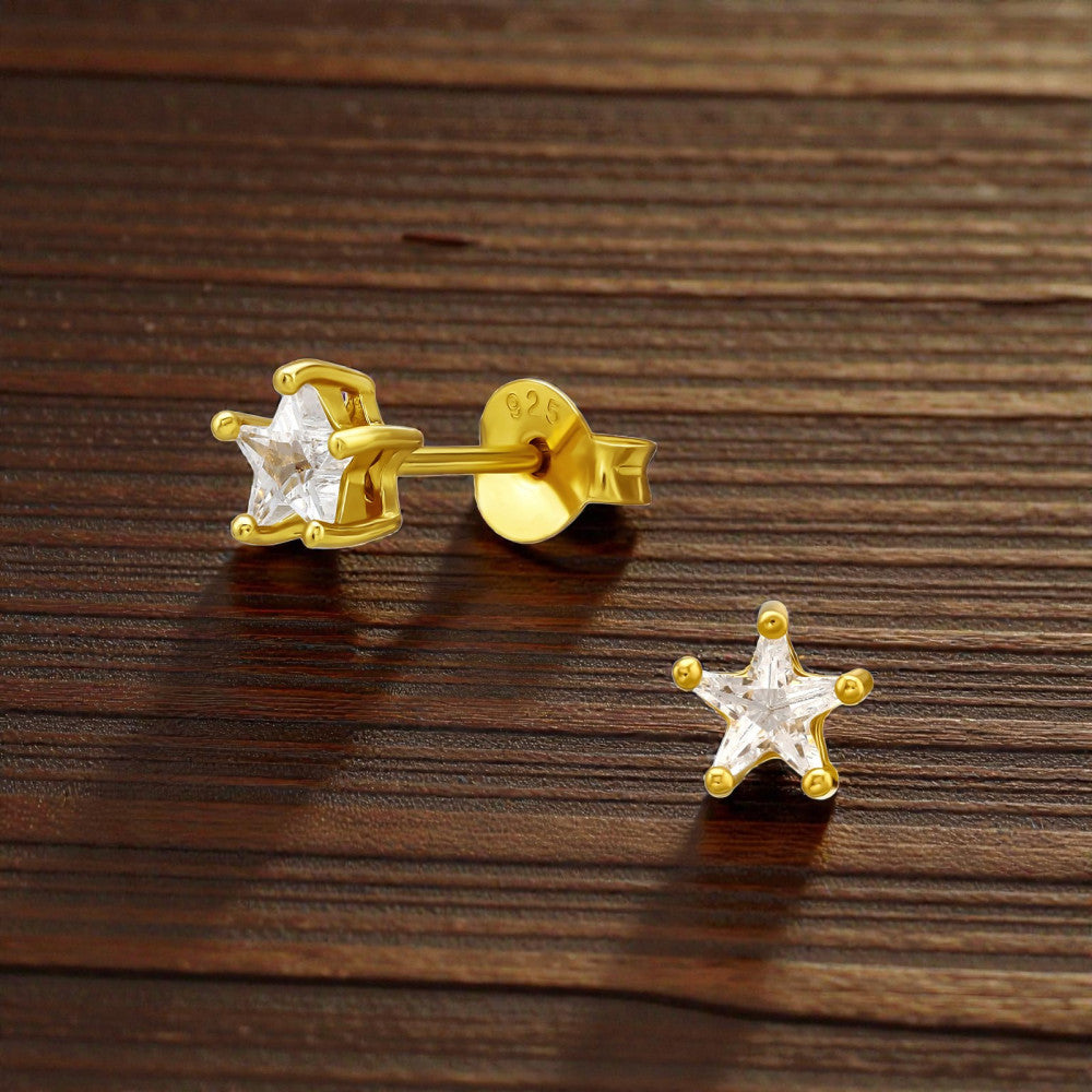 925 Sterling Silver Gold‑Plated  Dainty Star CZ Stud Earrings