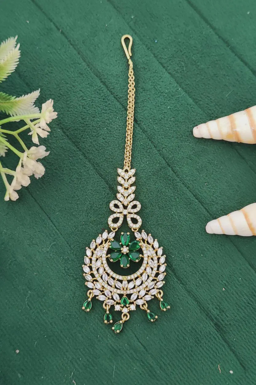 American Diamond Floral Leaf Maang Tikka – Mehendi Polish Bridal Hair Jewellery