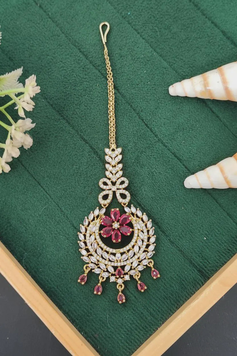 American Diamond Floral Leaf Maang Tikka – Mehendi Polish Bridal Hair Jewellery
