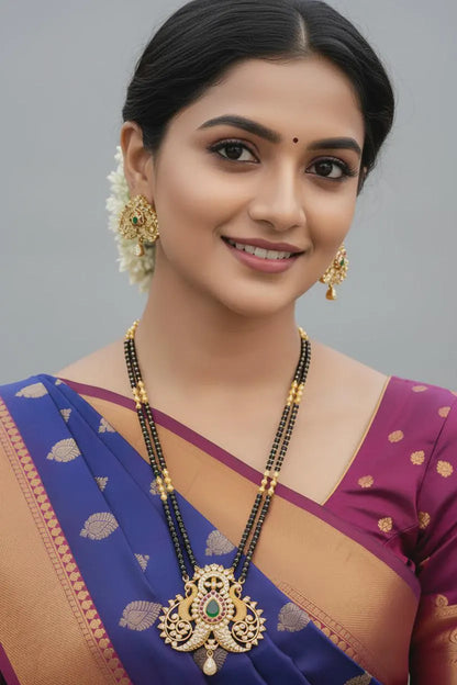 Traditional Matte Gold Mangalsutra Pendant Set | Brass Black Bead Necklace Earrings