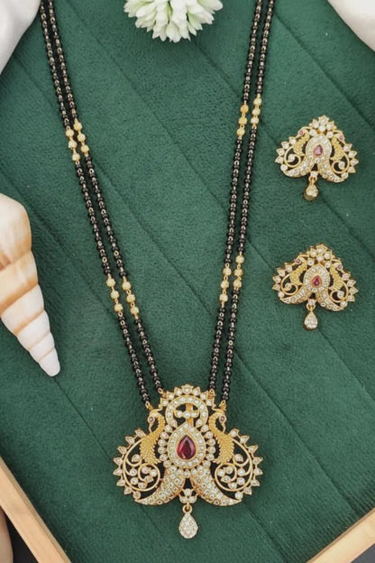 Traditional Matte Gold Mangalsutra Pendant Set | Brass Black Bead Necklace Earrings