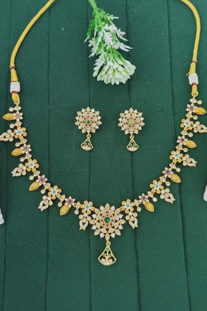 Traditional Ruby Green Stone Necklace Set | Matte Gold Tone Brass Jewellery | Gift for her