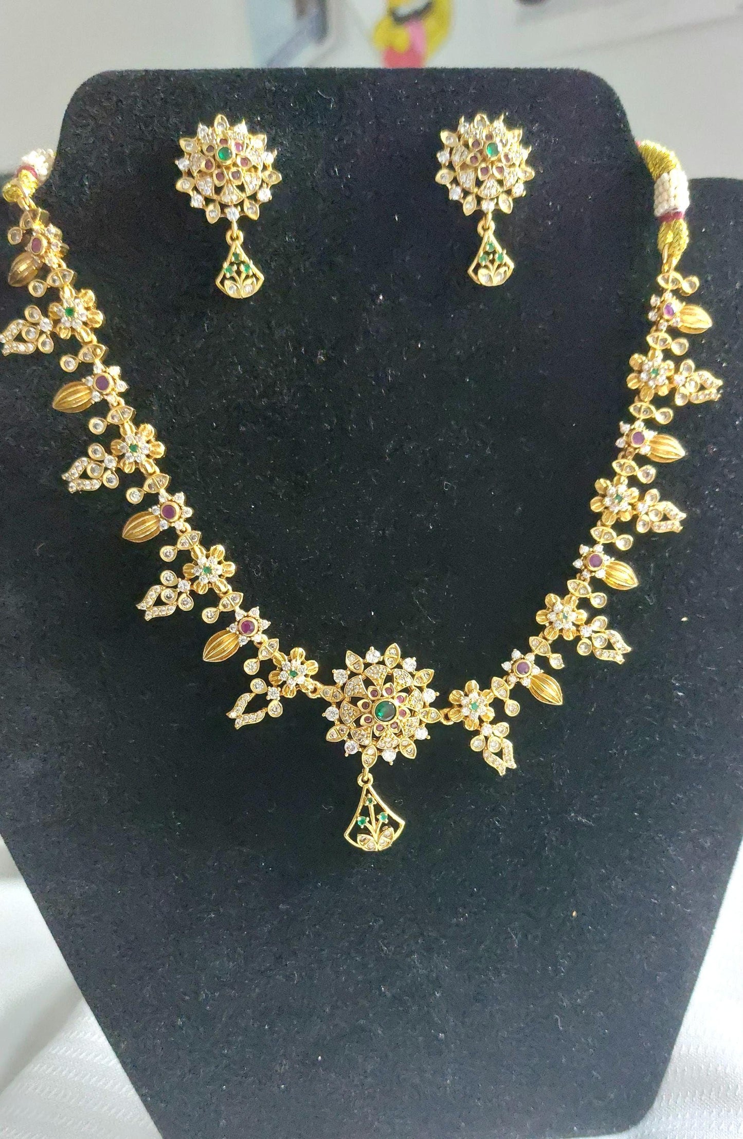 Traditional Ruby Green Stone Necklace Set | Matte Gold Tone Brass Jewellery | Gift for her