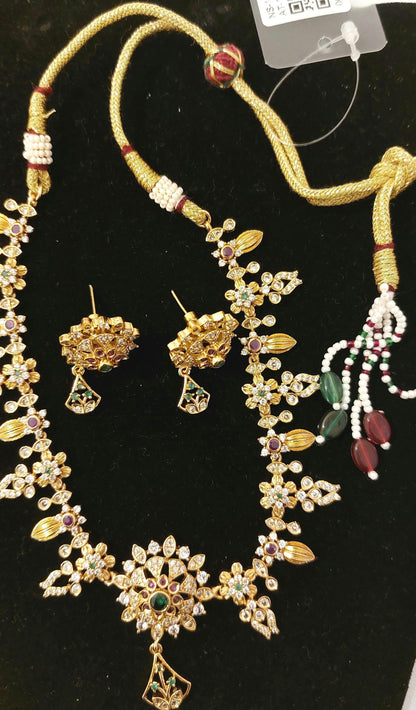 Traditional Ruby Green Stone Necklace Set | Matte Gold Tone Brass Jewellery | Gift for her
