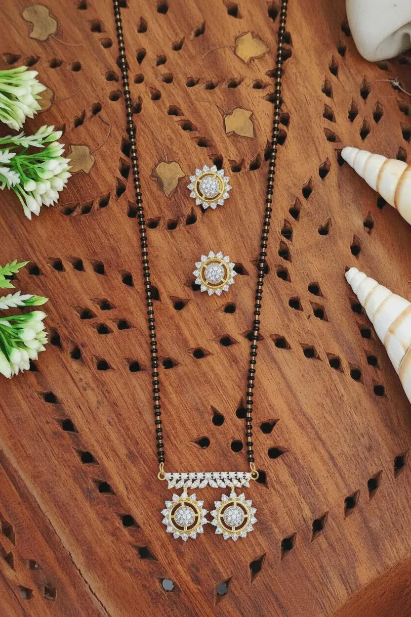 Two Tone AD Mangalsutra Pendant Set | Brass Metal Earrings, Festive Wear