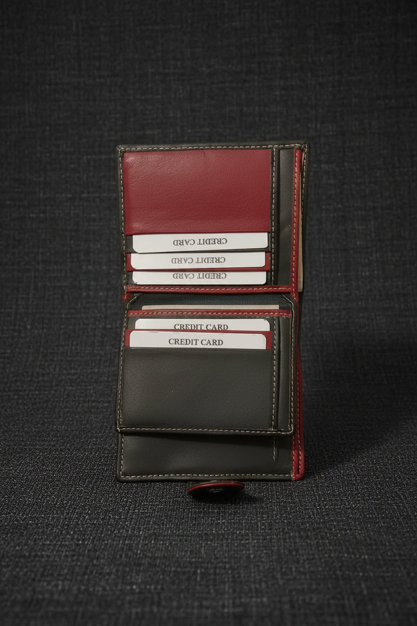 Women's Genuine Leather Bifold Wallet – Contrast Stitching, Card Slots, ID Window