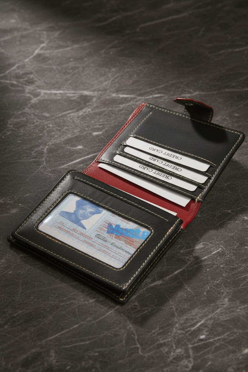 Women's Genuine Leather Bifold Wallet – Contrast Stitching, Card Slots, ID Window