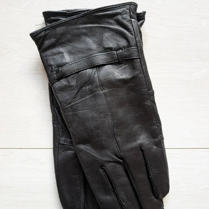 Women’s Genuine Leather Gloves with Belt Detail & Soft Lining