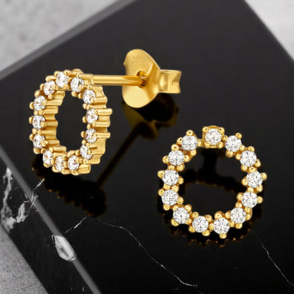 Gold‑Plated 925 Sterling Silver Floral Wreath CZ Stud Earrings