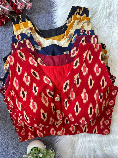 Pure Ajrakh Cotton Sleeveless Front‑Open Padded Blouse – Free Size 36–42