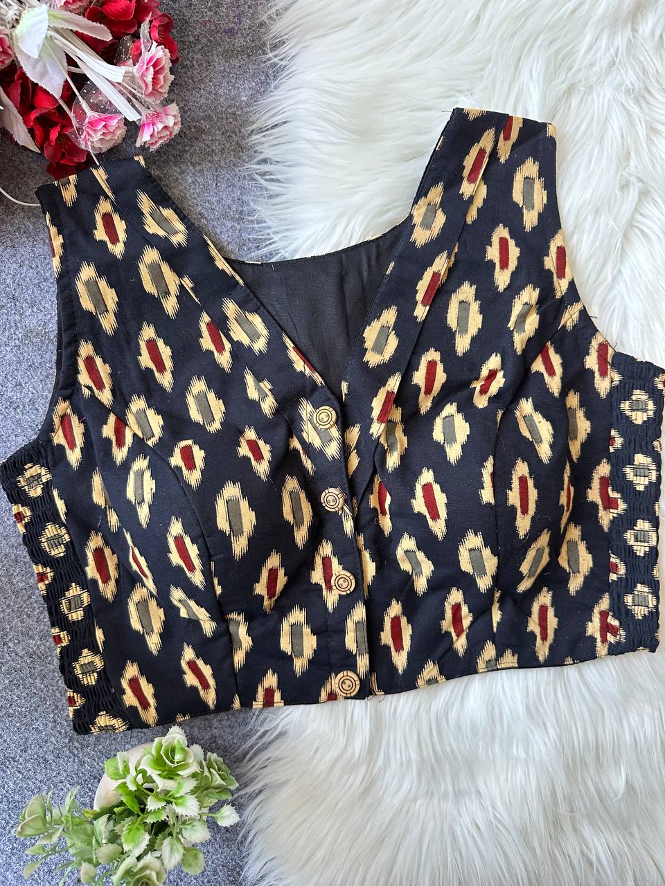 Pure Ajrakh Cotton Sleeveless Front‑Open Padded Blouse – Free Size 36–42