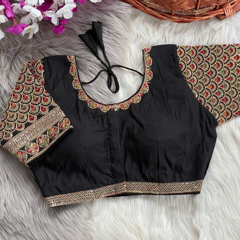 Roman Silk Embroidered Blouse with Rainbow Sequins & Front Hook (Free Size)