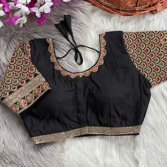 Roman Silk Embroidered Blouse with Rainbow Sequins & Front Hook (Free Size)