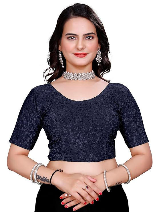 Women’s Non‑Padded Stretchable Readymade Saree Blouse – Round Neck, Half Sleeve, Pull‑On (42–44)